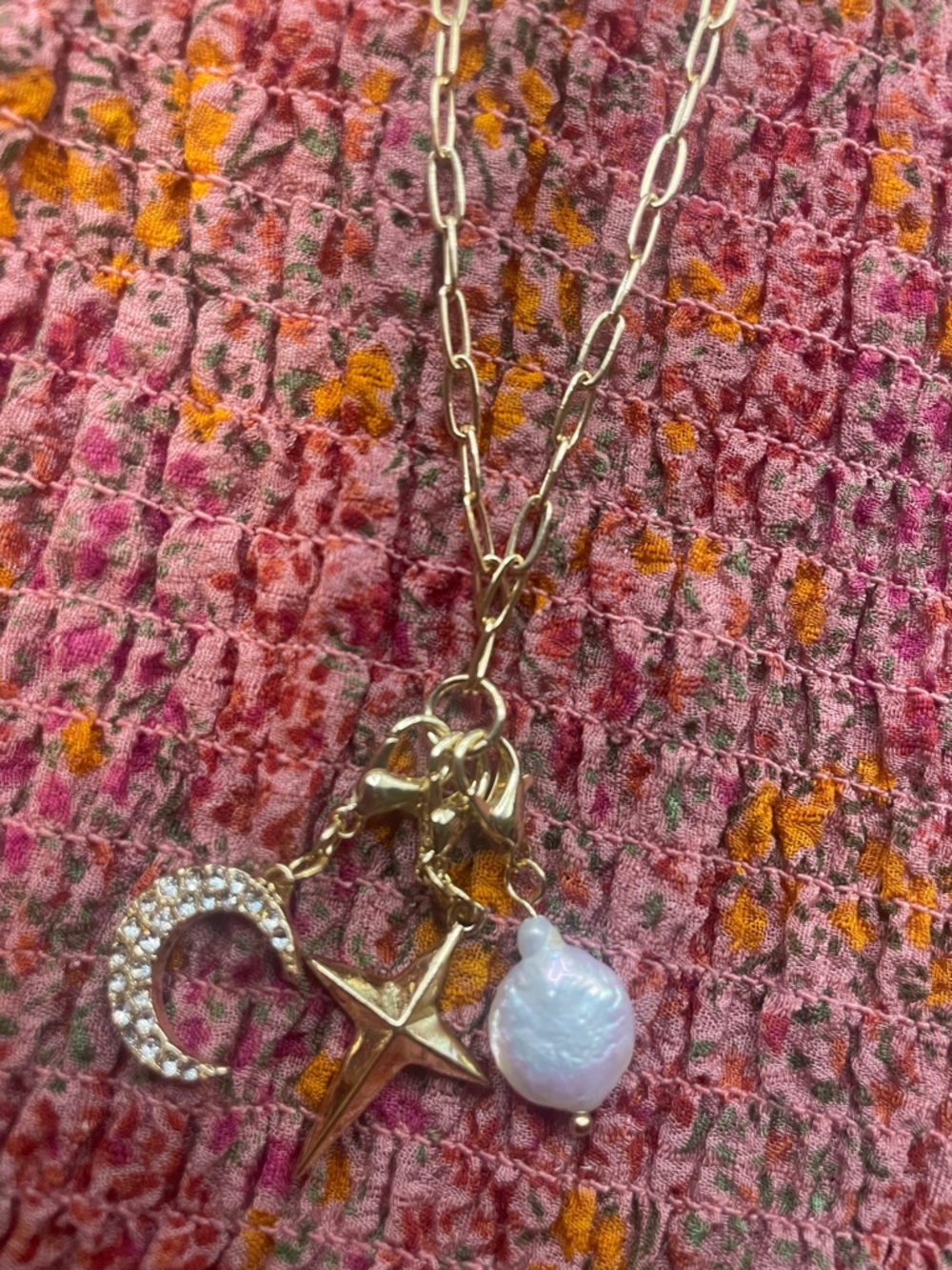 Panacea Cache Gold-Tone Charm Necklace with White Pearl and Crystal Crescent 841